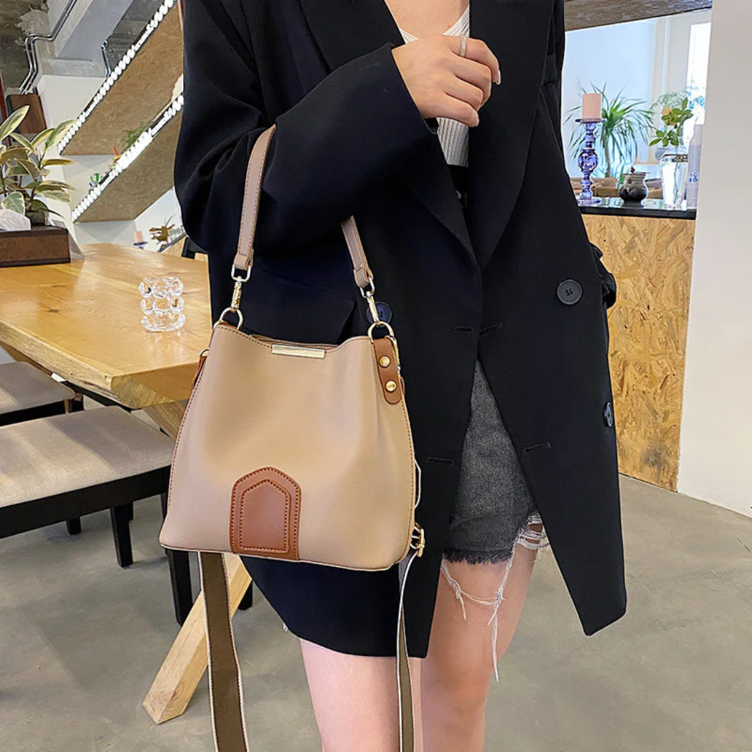 Chic khaki BellaViva premium leather shoulder bag for women, a versatile daily fashion accessory.