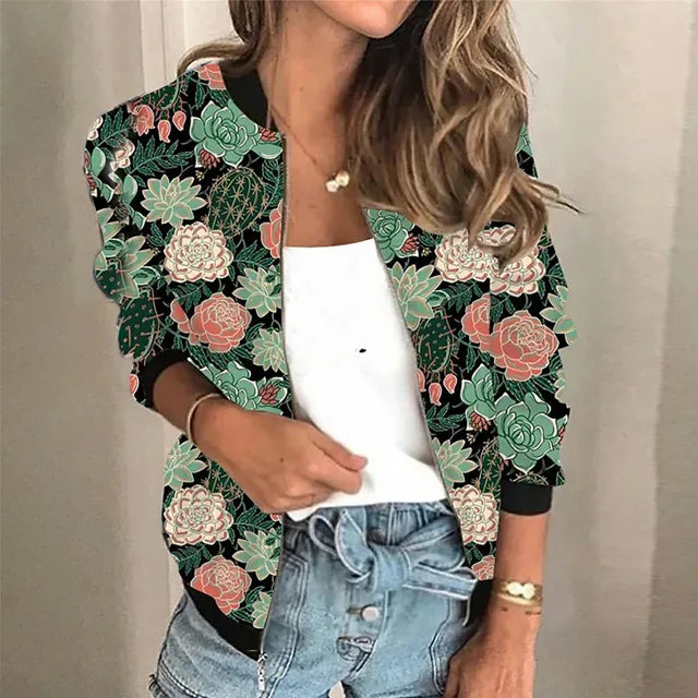 Women's trendy printed zipper jacket. Stylish casual outerwear, perfect for autumn & spring fashion.