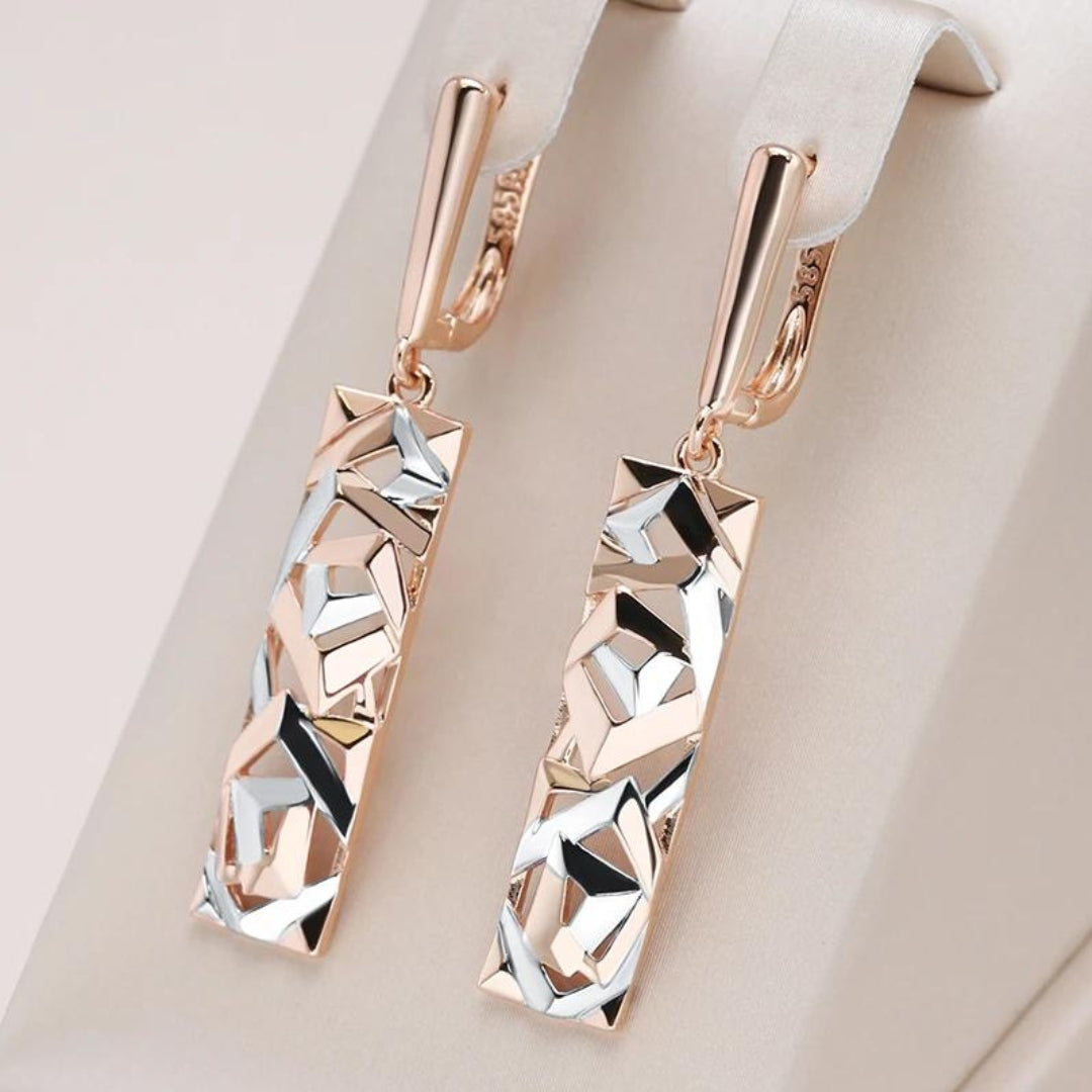 Stylish women's rectangular earrings in gold & silver, modern fashion jewelry, elegant and versatile statement earrings.