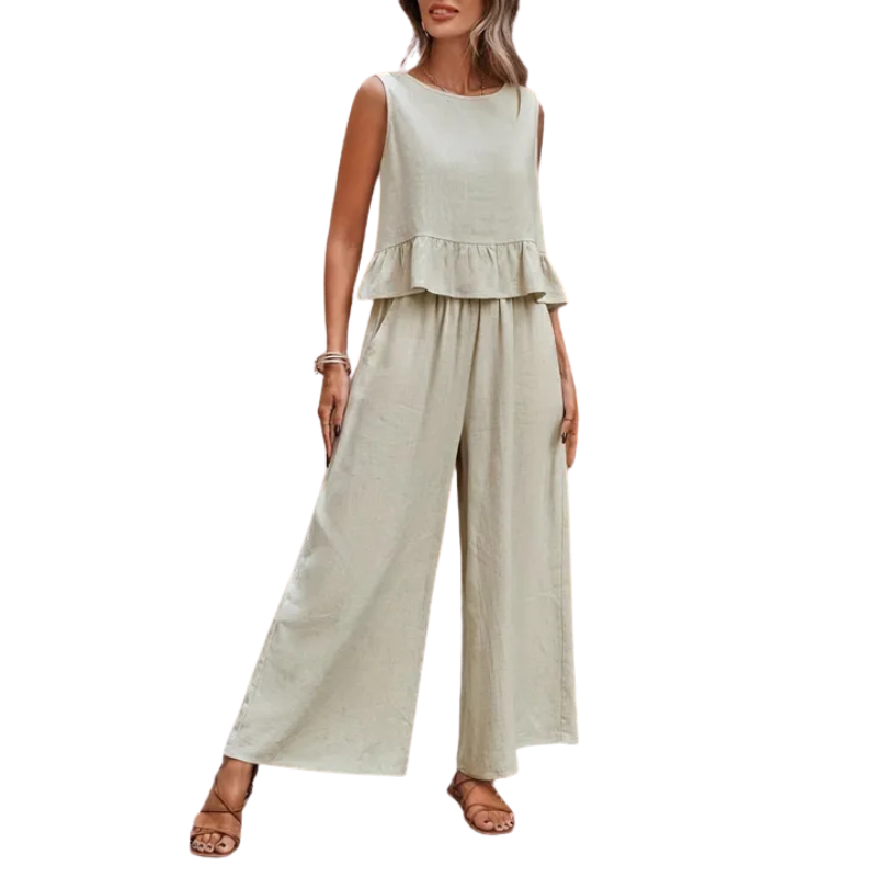 Stylish women's ruffle tank top & wide leg pants two-piece set, perfect for casual summer or spring outfits.