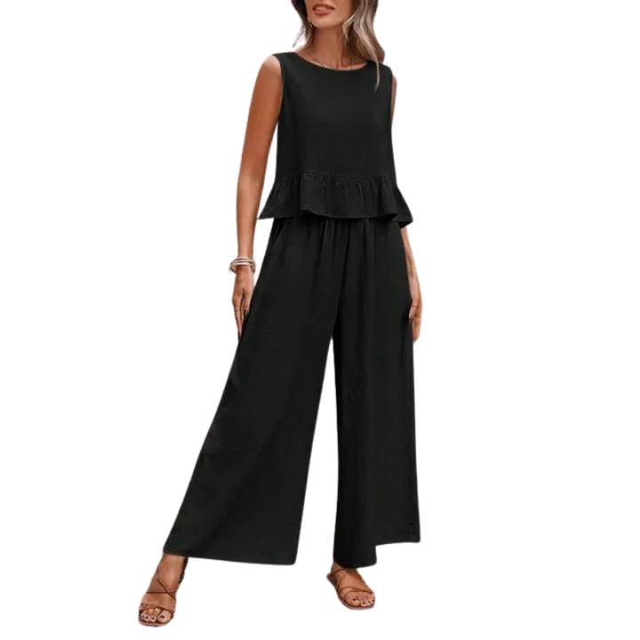 Relaxed fit women's sleeveless ruffle tank and wide leg pants matching set, ideal for elegant loungewear.