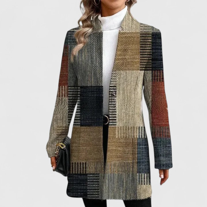 Stylish women's rustic plaid longline blazer, perfect for fall/winter layered looks. Casual chic outerwear.