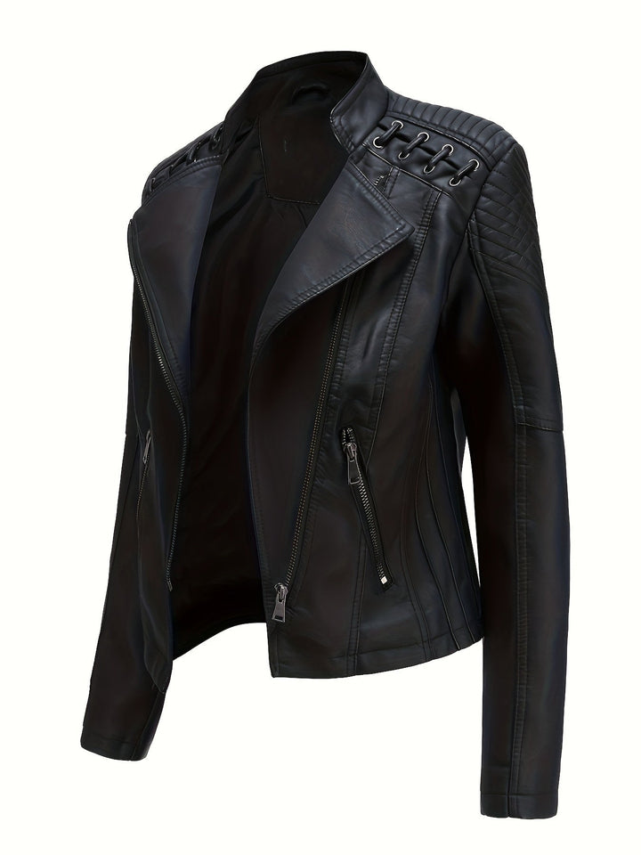 Stylish women's studded moto jacket featuring an asymmetric zip, perfect for edgy fashion.