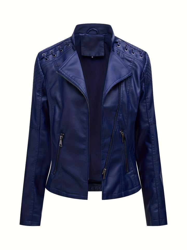 Sleek women's moto jacket, black, with edgy studded shoulder details & asymmetric zip.