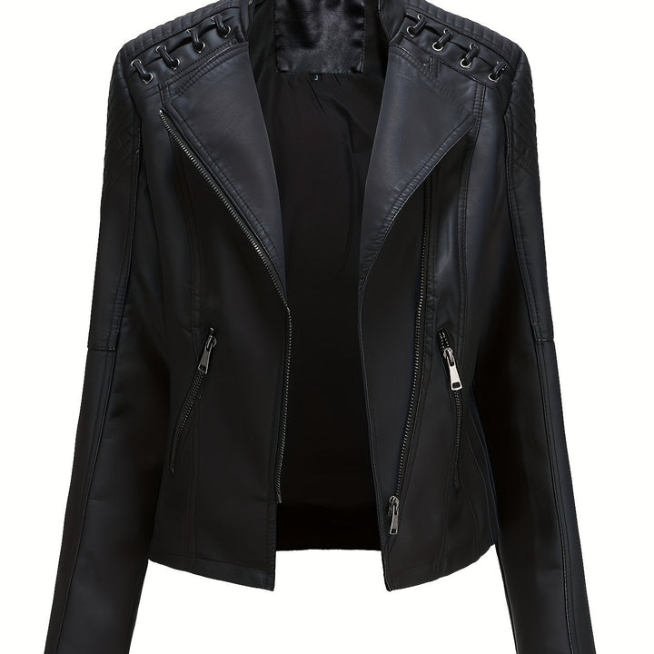 Modern women's studded biker jacket, asymmetric zip, perfect for fall and spring fashion.