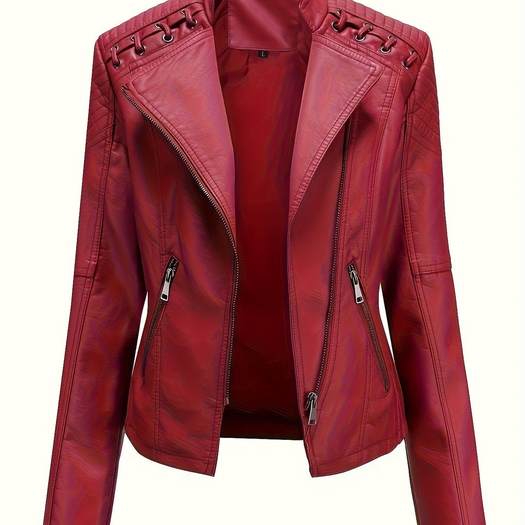 Statement women's moto jacket with asymmetric zip and distinctive studded shoulders.