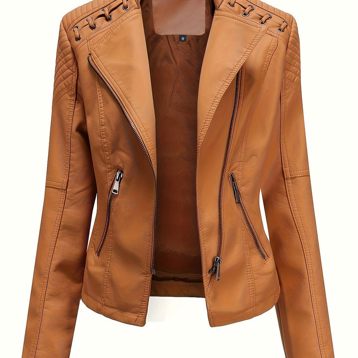 This women's edgy studded moto jacket features an asymmetric zip and a chic notch lapel.