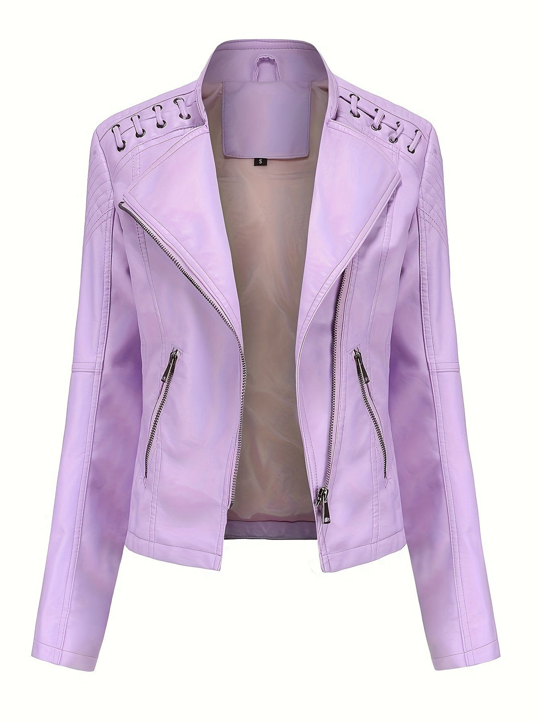 Black biker jacket for women, edgy style with studded shoulders and an asymmetric zipper.