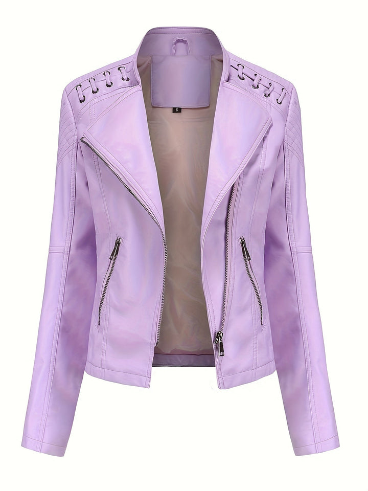 Black biker jacket for women, edgy style with studded shoulders and an asymmetric zipper.