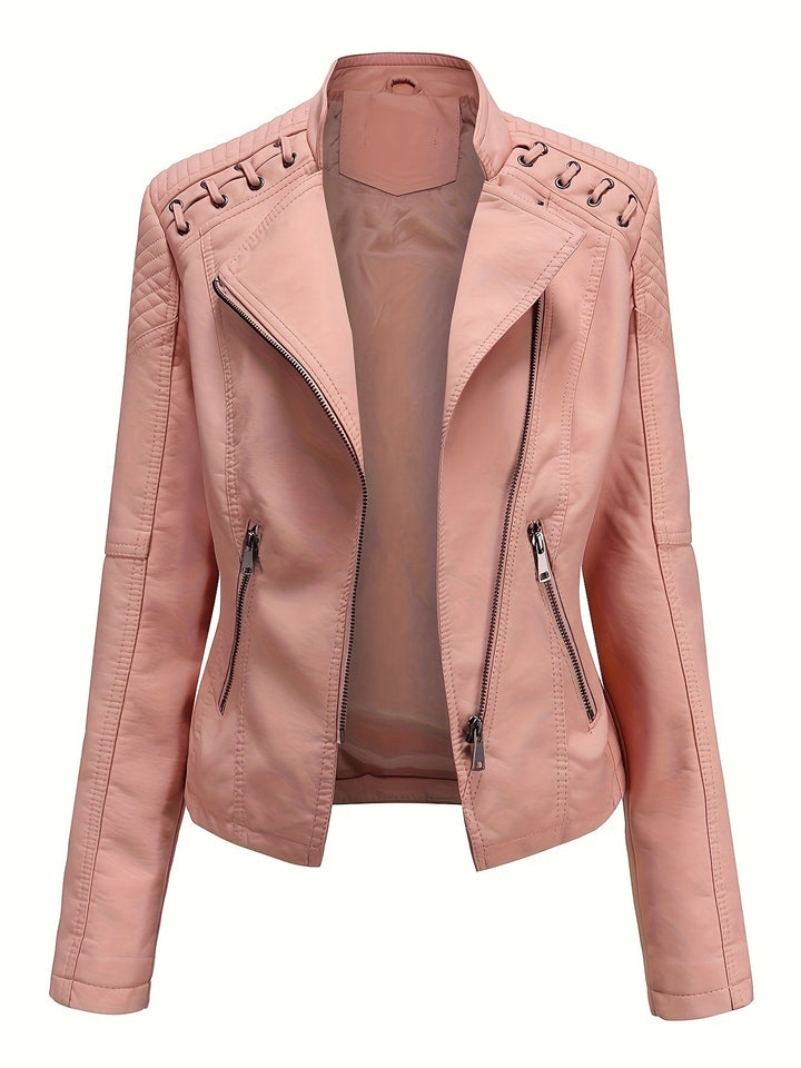 Fall fashion women's moto jacket, studded shoulders, asymmetric zip, and notch lapel.