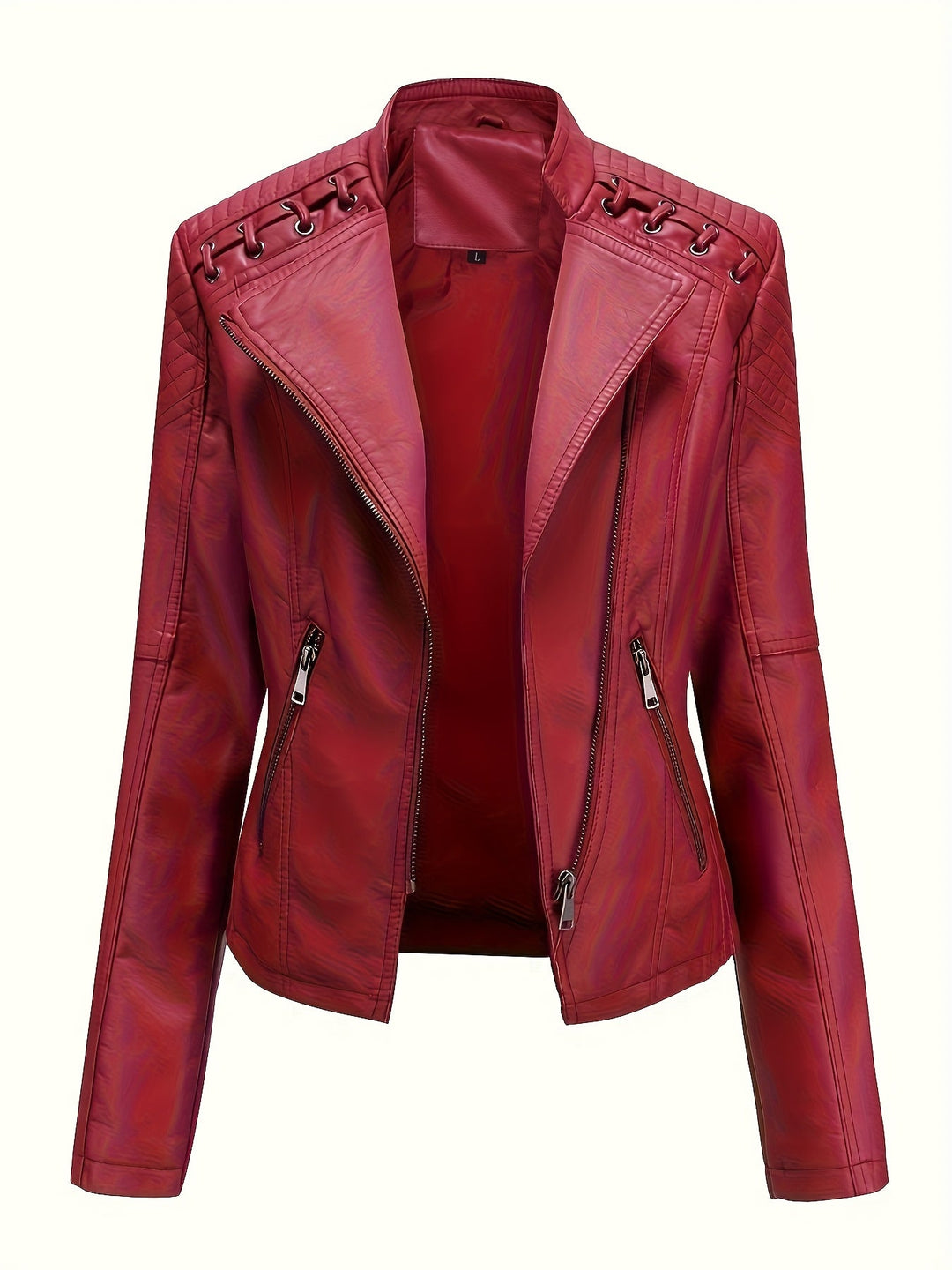Edgy women's outerwear: a studded moto jacket with an asymmetric front zip.