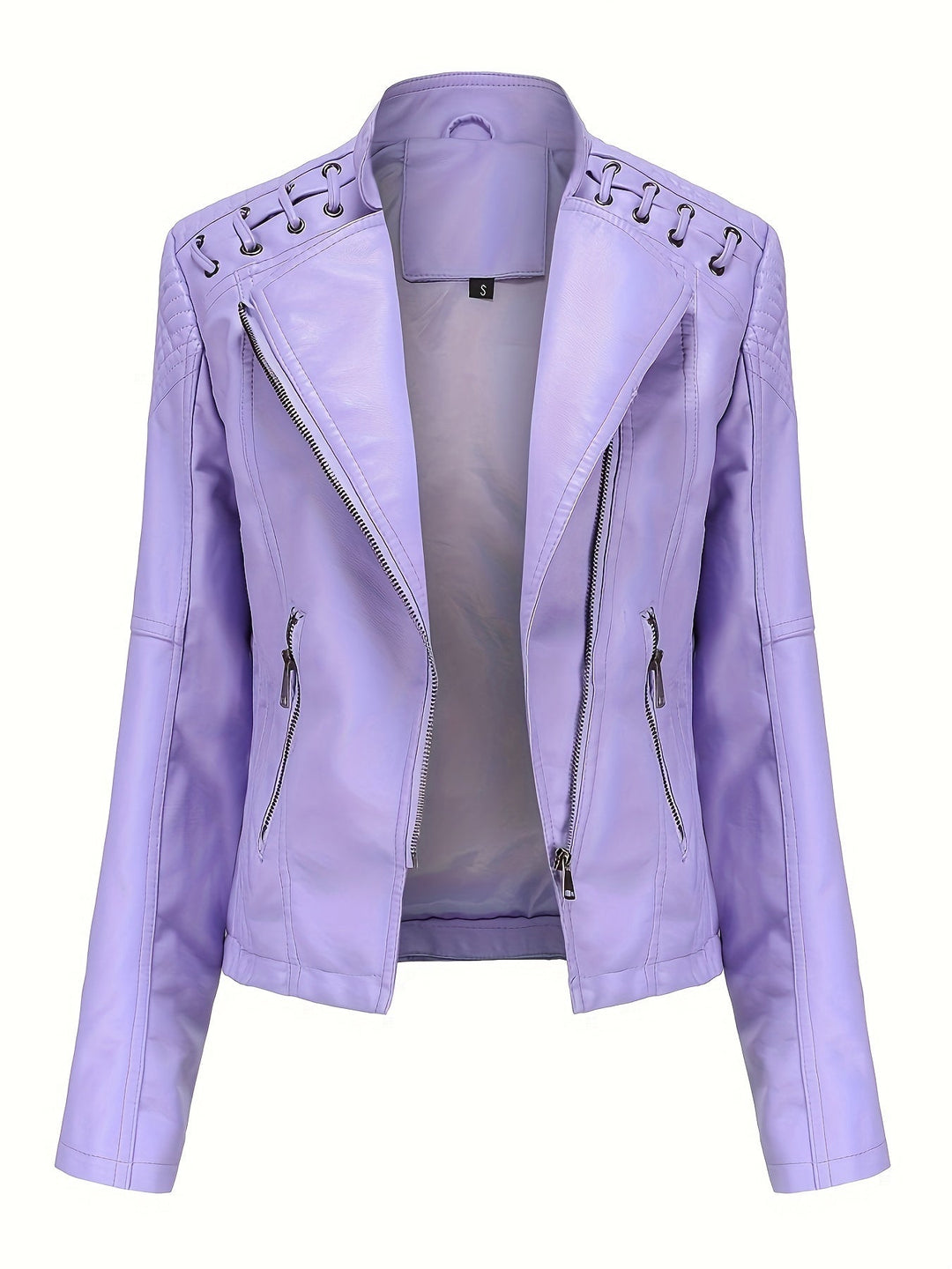 Fashionable women's spring jacket, biker style with studded shoulders & asymmetric zip.