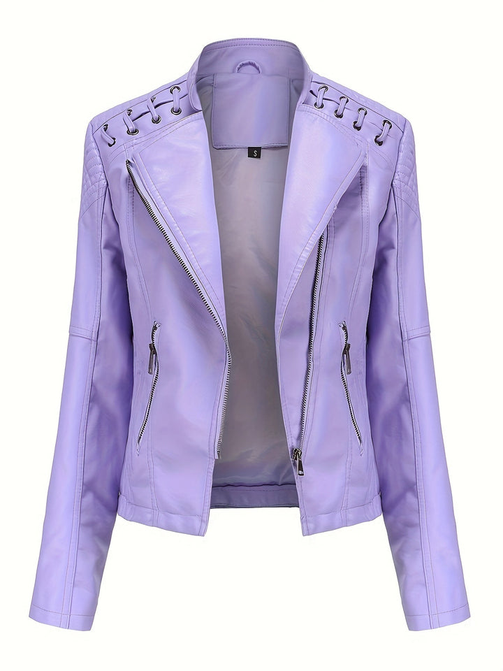 Fashionable women's spring jacket, biker style with studded shoulders & asymmetric zip.