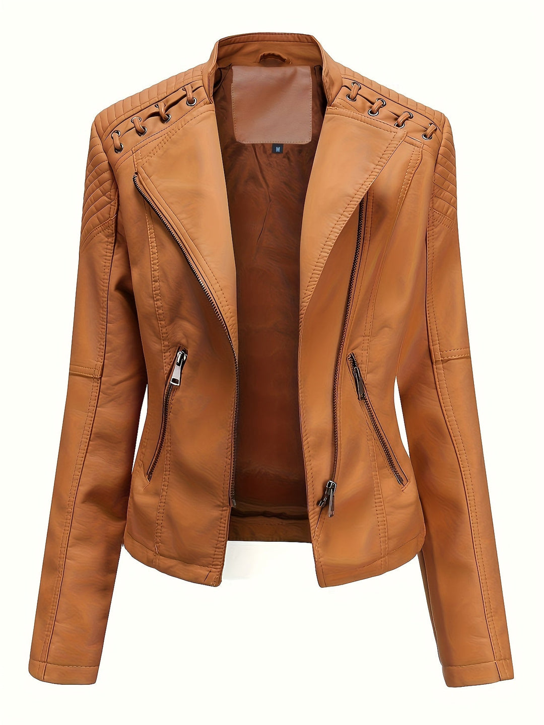 Casual yet chic studded moto jacket for women, featuring an asymmetric zipper.