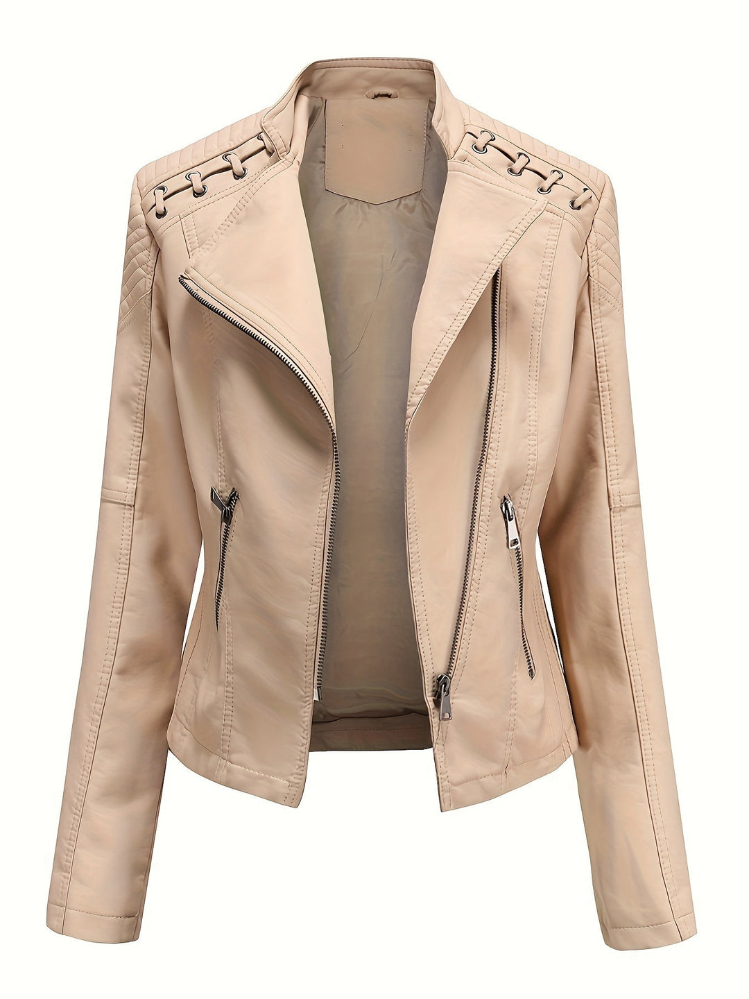 Evening wear-ready women's studded biker jacket with an asymmetric zip closure.