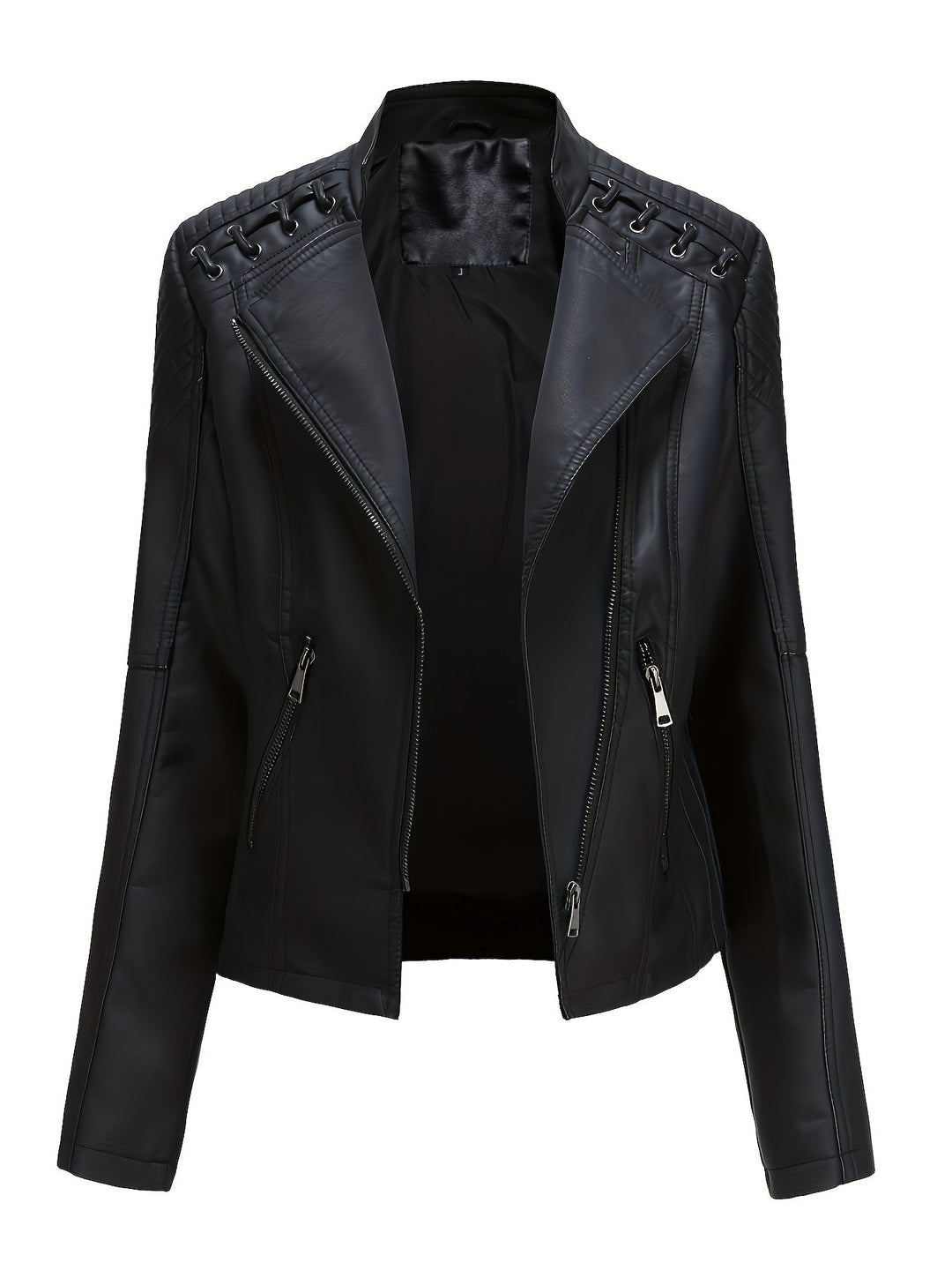 Women's asymmetric zip moto jacket, black with striking studded shoulders.