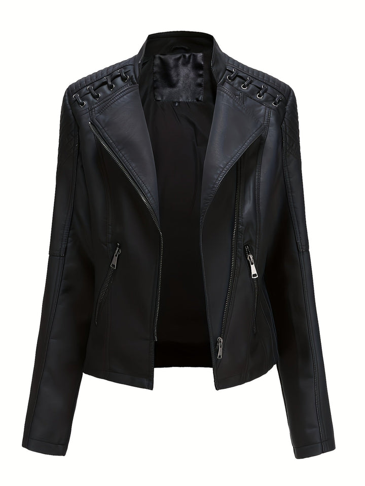 Women's asymmetric zip moto jacket, black with striking studded shoulders.