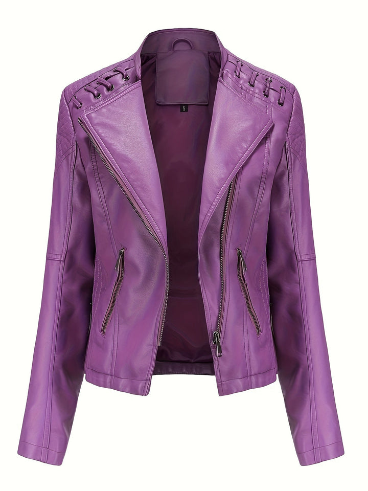 Edgy women's fashion jacket, studded shoulders, asymmetric zip, ideal for outerwear.