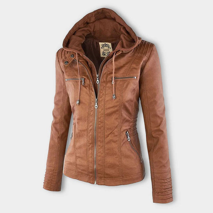 Lightweight faux leather women's jacket. Chic design with a detachable hood, ideal for summer casual wear.