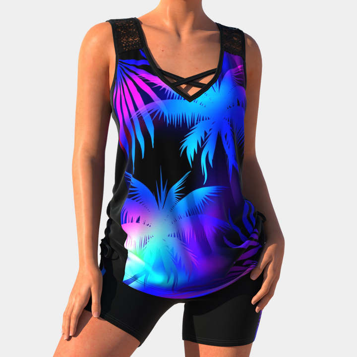 Comfortable two-piece tankini for women. Stylish swimwear, perfect for beach days or pool attire. Trendy and versatile.