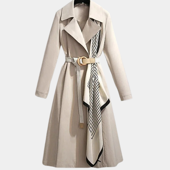 Classic women's long trench coat with belt, a versatile fashion staple.