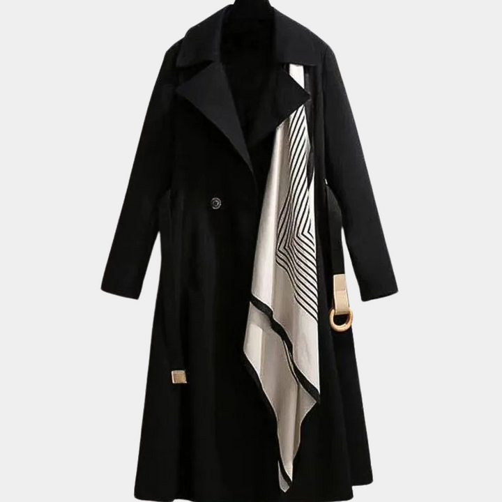 Fashionable women's long trench coat with a stylish belt, ideal for versatile wear.