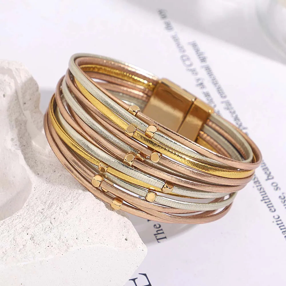 Stylish women's tri-color multi-layer wrap bracelet with a secure magnetic clasp, a chic fashion accessory.