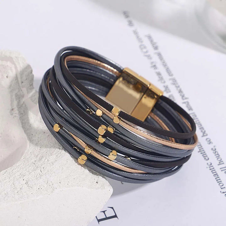 Elegant multi-layer tri-color wrap bracelet for women, featuring a convenient magnetic clasp closure.