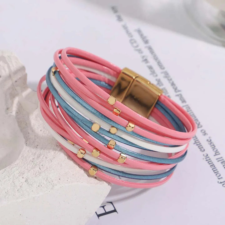 Fashionable women's tri-color wrap bracelet, a versatile multi-layer design with magnetic clasp.