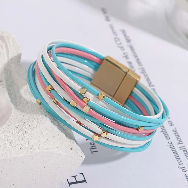 Sophisticated tri-color multi-layer wrap bracelet, a perfect gift for her with easy magnetic clasp.