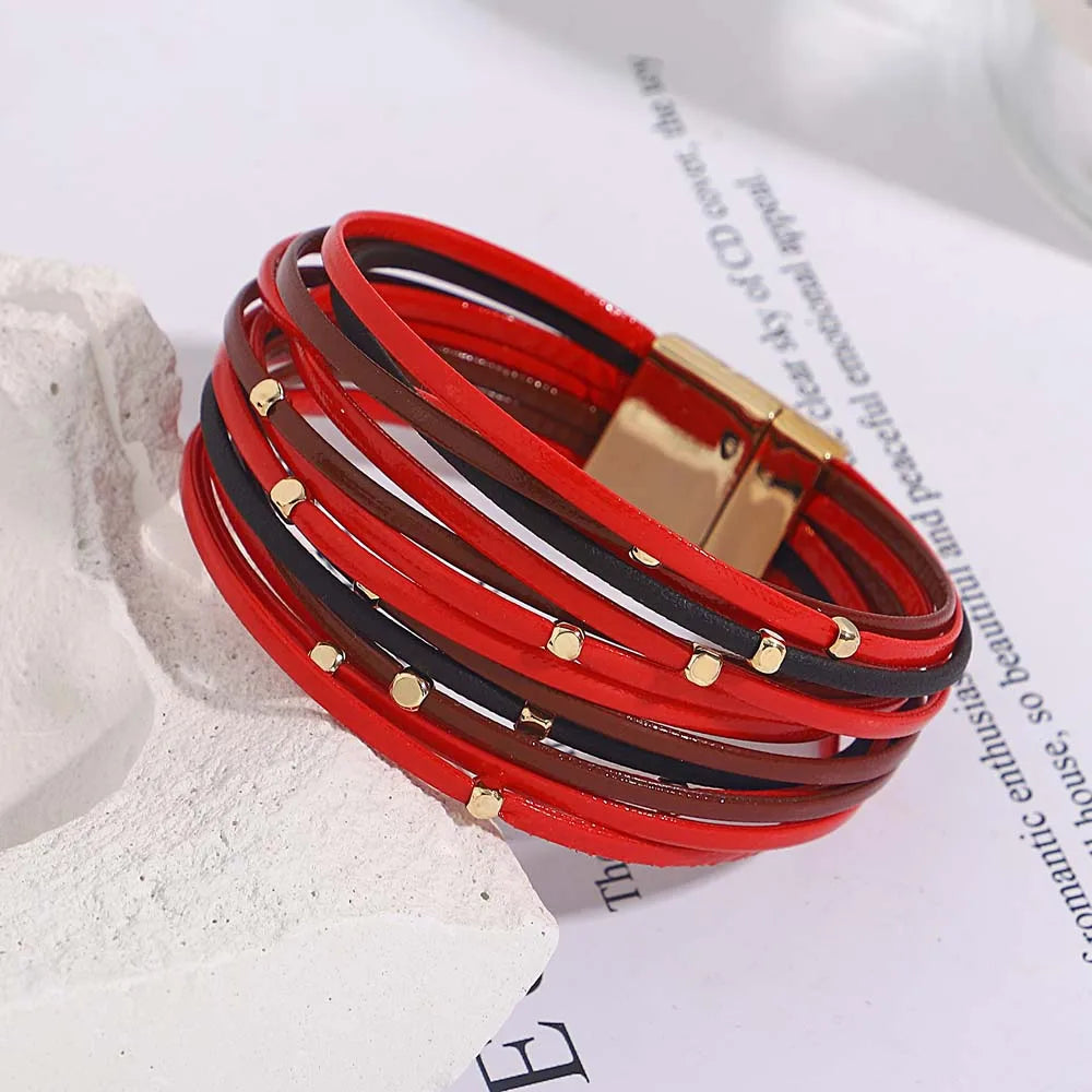 Modern women's multi-layer tri-color wrap bracelet, a standout fashion accessory with magnetic clasp.
