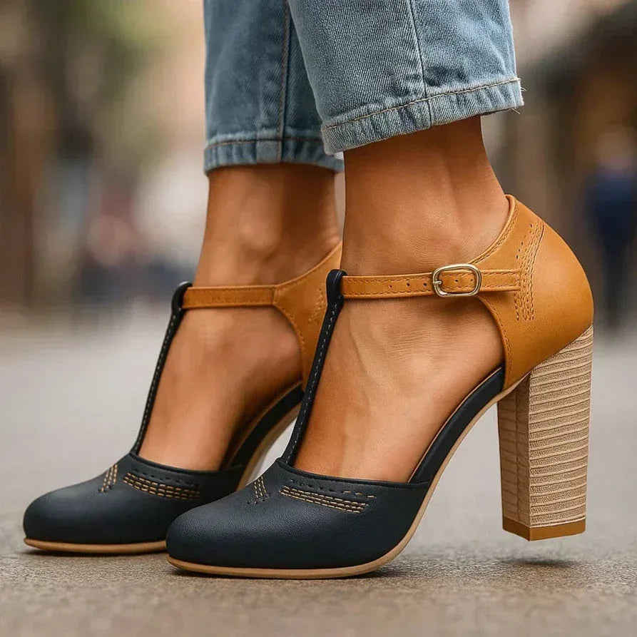 Comfortable two-tone block heel pumps for women, perfect for office wear & daily versatile style.