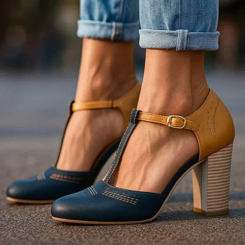 Elegant two-tone block heel pumps, women's fashion heels offering stylish comfort for any outfit.