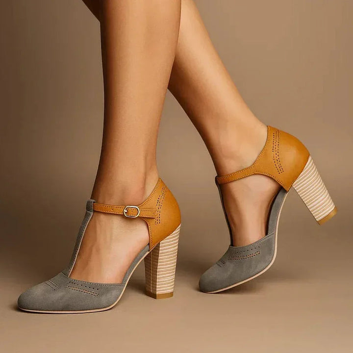 Cushioned two-tone block heel pumps for women, providing all-day comfort & sophisticated daily style.