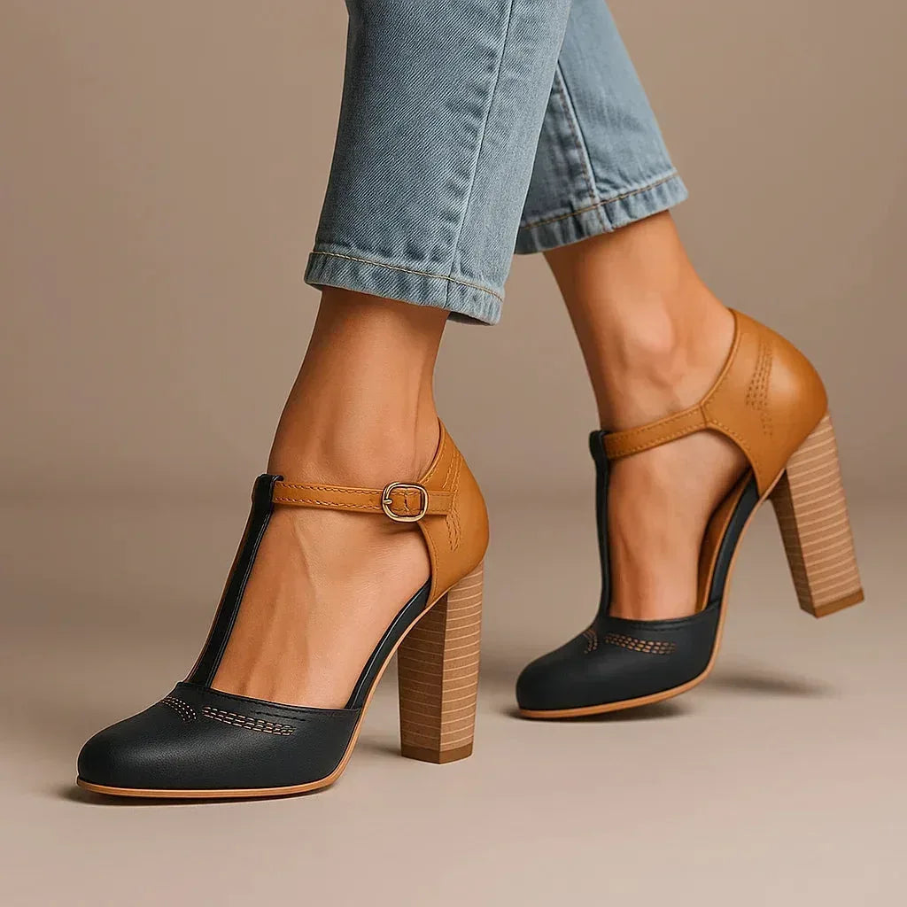 Versatile women's two-tone block heel pumps, ideal for dress or casual wear, offering stylish comfort.