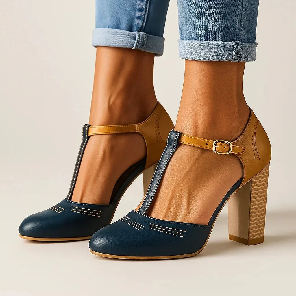 Chic two-tone block heel pumps for women, designed for all-day comfort, versatile for office & daily.