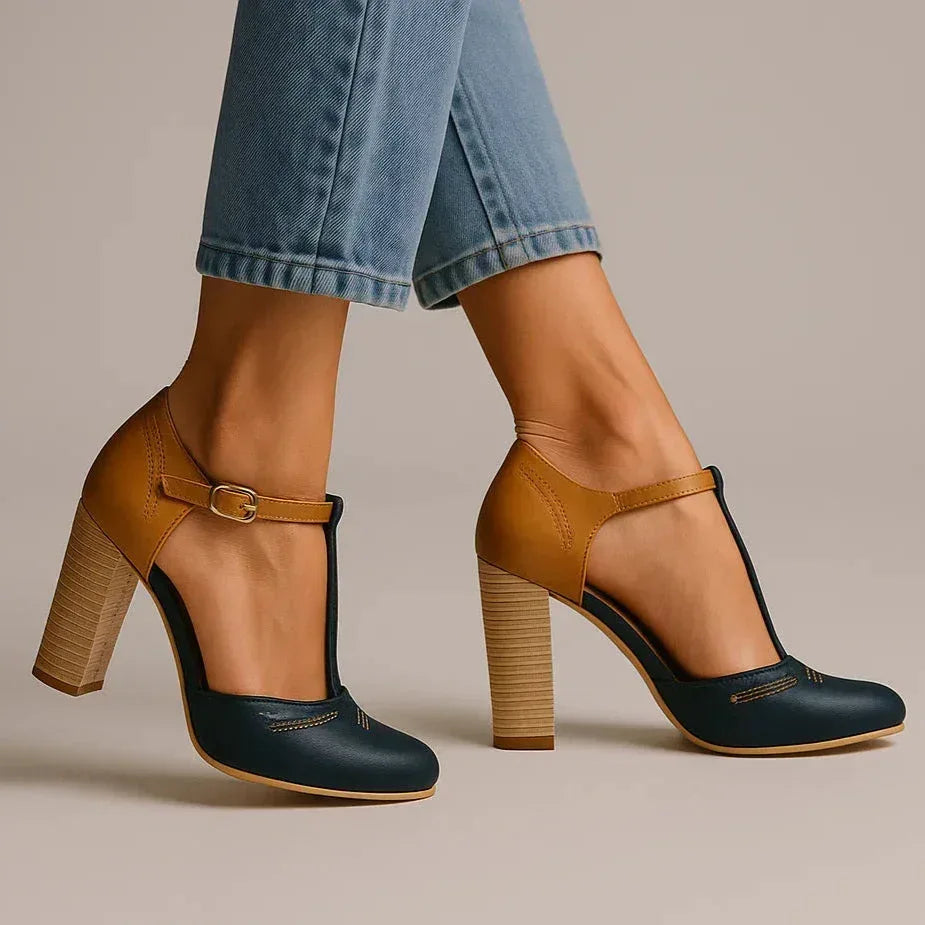 Womens two-tone block heel pumps, comfortable and stylish, perfect for office, daily wear, or dress.