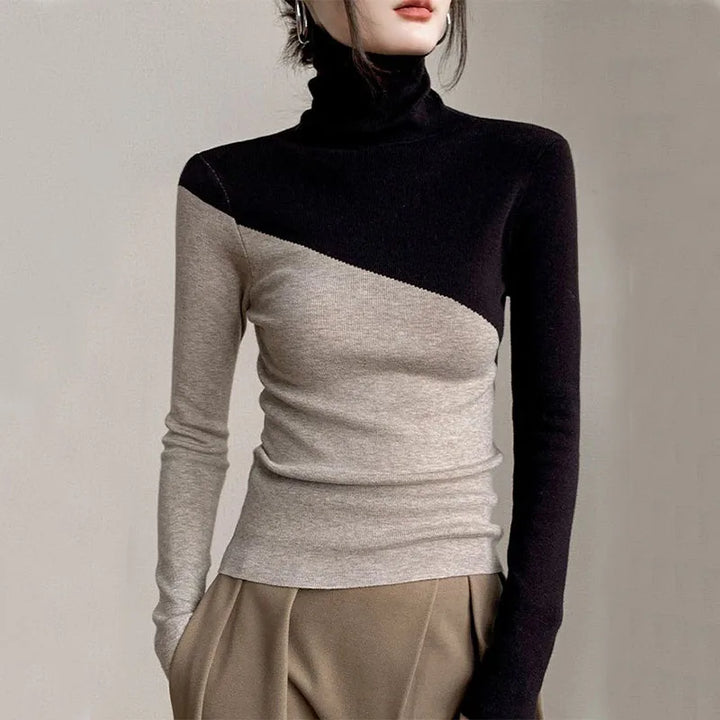 Stylish women's two-tone split sweater in chic khaki and gray, perfect for modern fall and winter fashion.