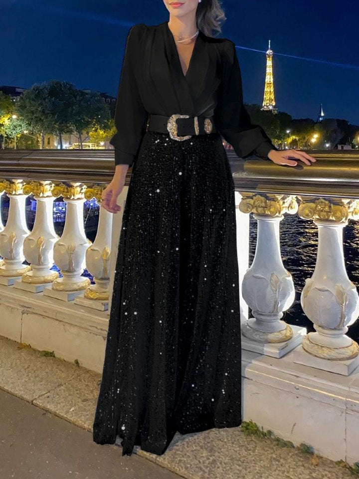 Chic women's V-neck dress, a timeless piece of elegant ladies fashion. Perfect for parties, formal events, & versatile styling.