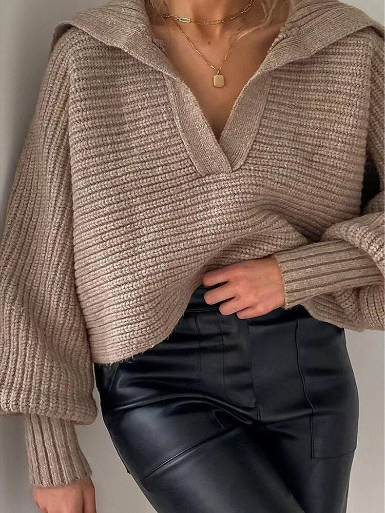 Casual women's V-neck knitted top with a comfortable loose fit, great for everyday versatile fashion.