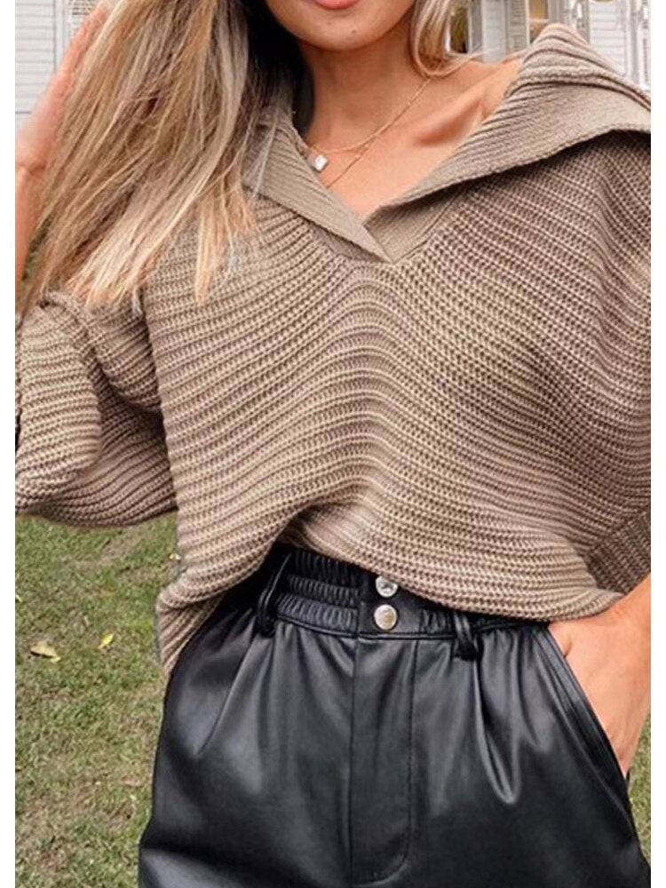 Women's versatile V-neck knitted sweater, comfortable loose fit, perfect for fall and winter styles.