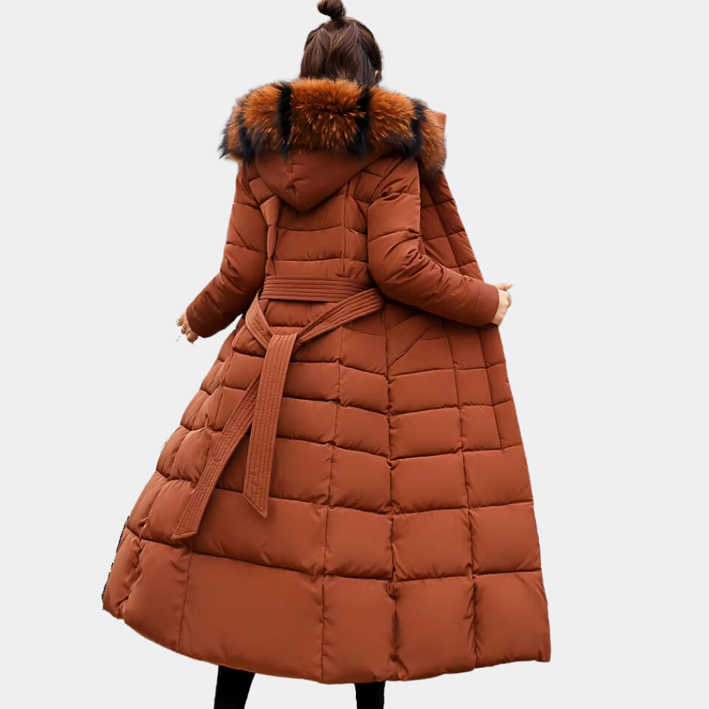 Isabelle women's insulated winter coat with a cozy hood, perfect for stylish cold weather fashion.
