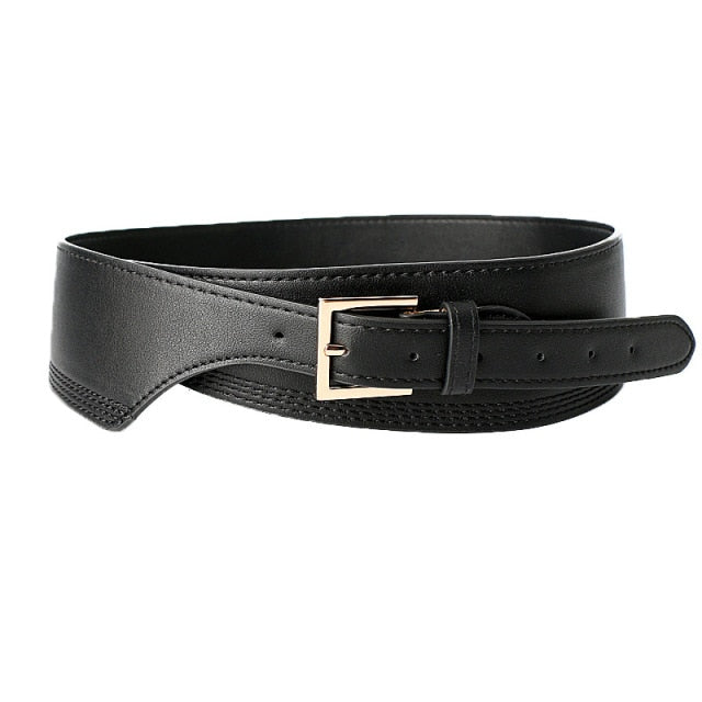 Wide women's PU leather dress belt, perfect for accentuating waists & enhancing fashion statements.