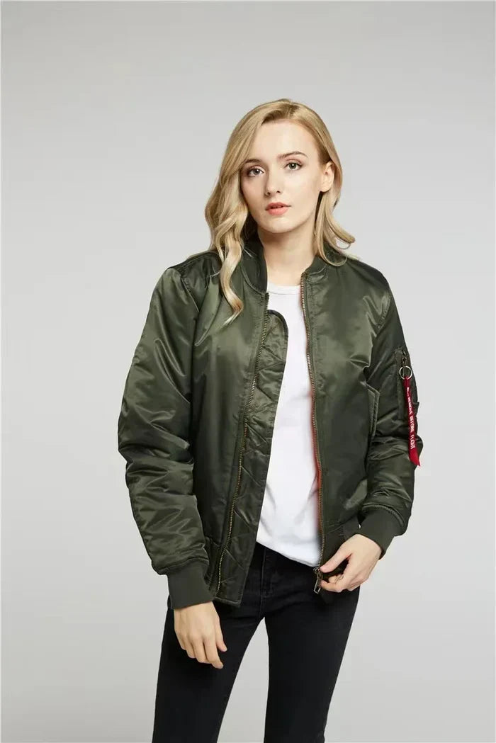 Stylish women's windproof bomber jacket in classic black, perfect for casual MA-1 outerwear.