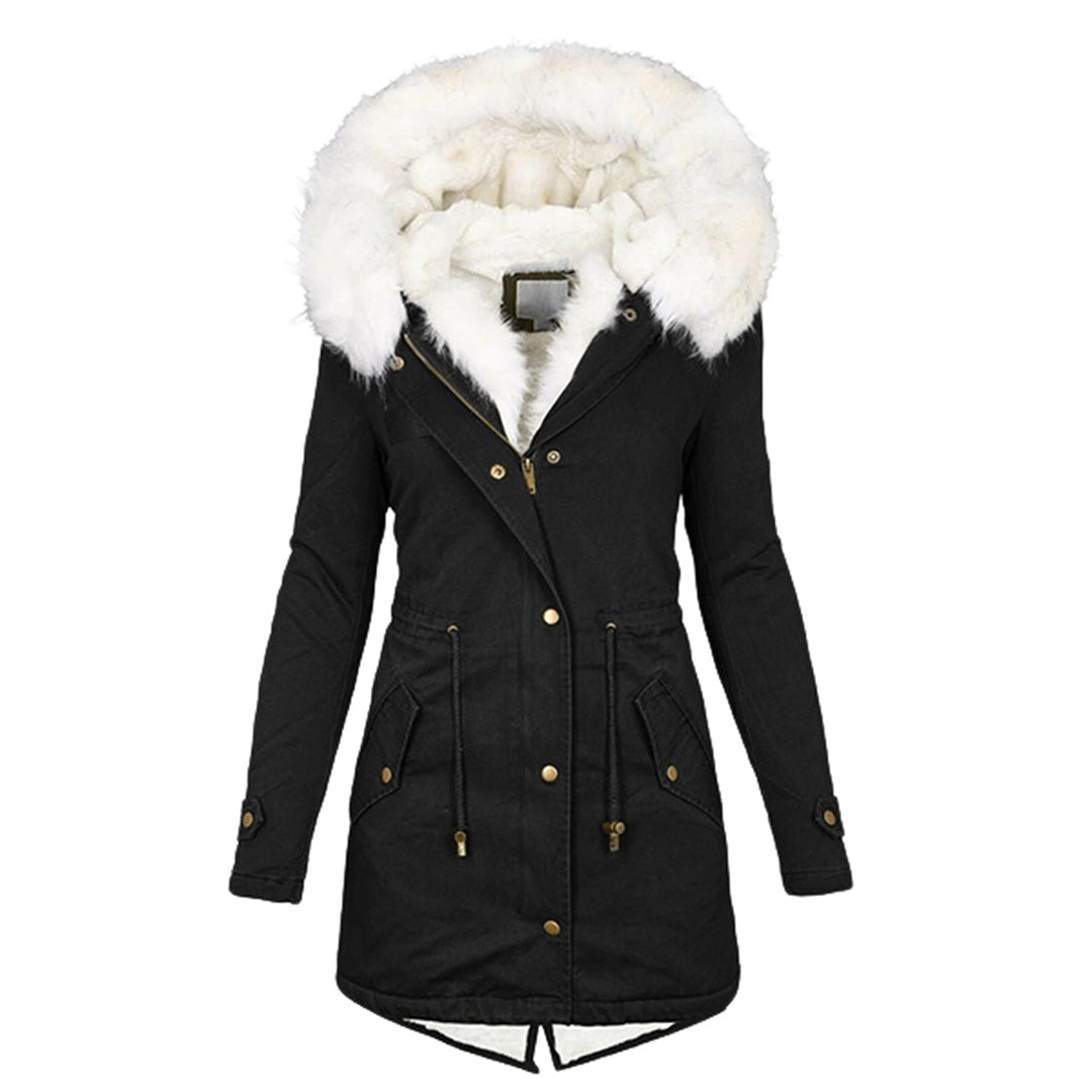 Women's warm winter coat with adjustable hood, perfect for cold weather & everyday stylish outerwear.