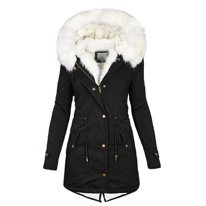 Women's warm winter coat with adjustable hood, perfect for cold weather & everyday stylish outerwear.