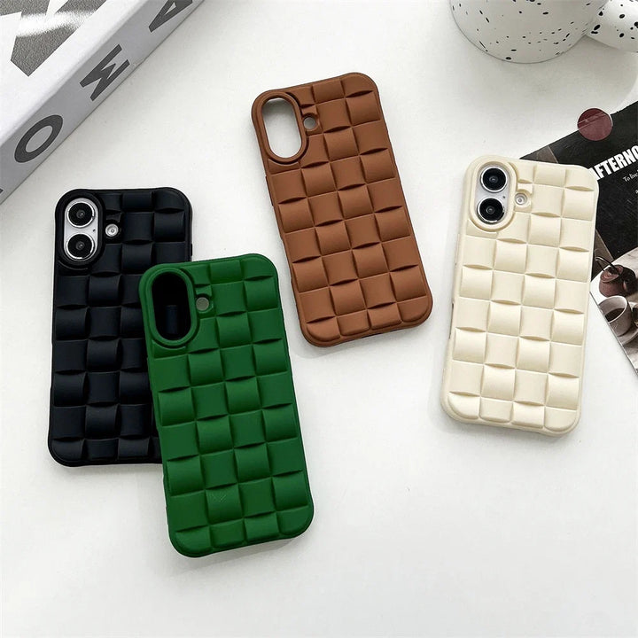 Green woven texture iPhone case for women, providing stylish protection and a secure grip for your phone.