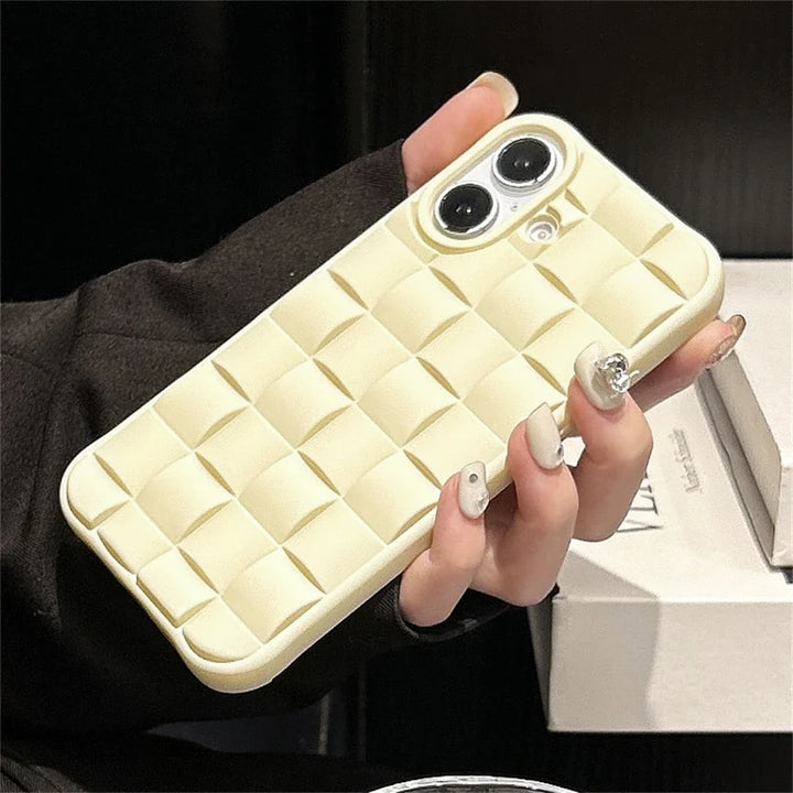 Elegant white woven texture iPhone cover for women, featuring slim, flexible design and durable protection.