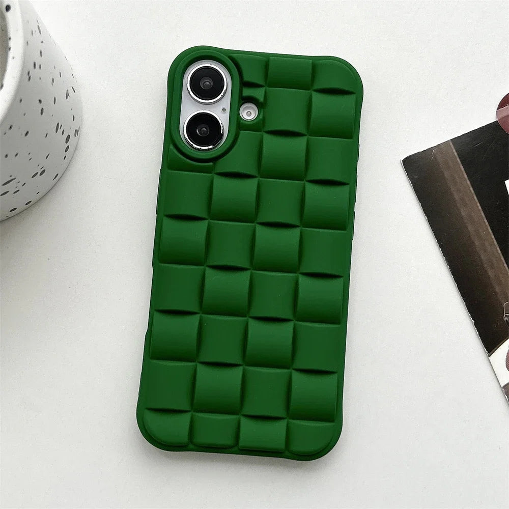 Black woven texture iPhone case, a stylish women's accessory with slim, shockproof protection and good grip.