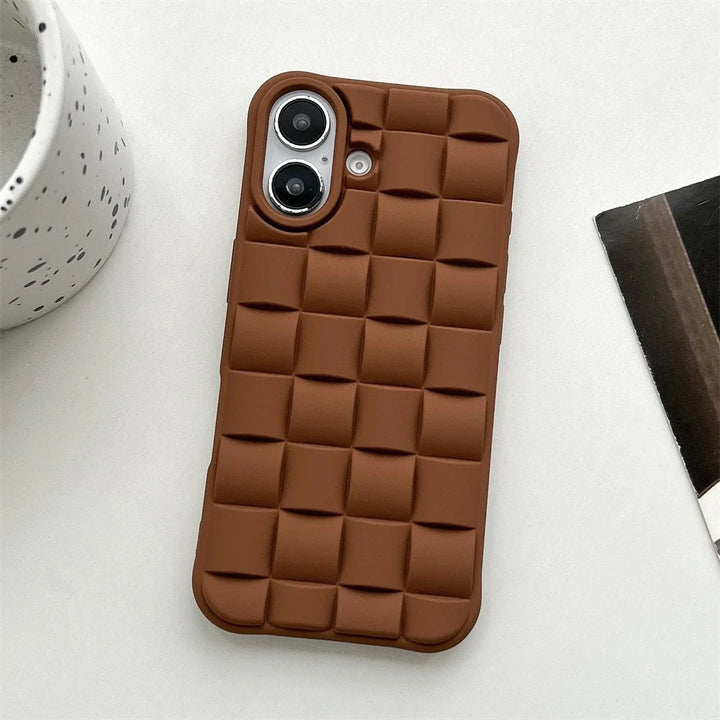 Flexible women's woven texture iPhone case, offering a secure grip and slim, shockproof protection.